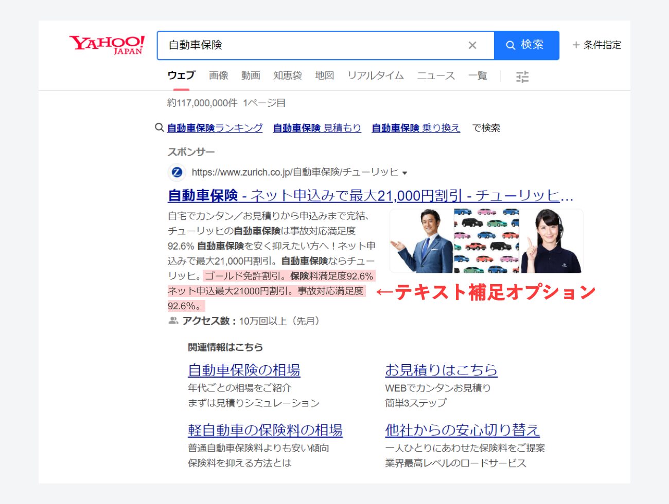 Yahoo!広告、テキスト補足アセットの掲載例のキャプチャ