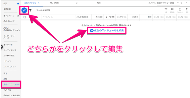 Google広告のスケジュール画面