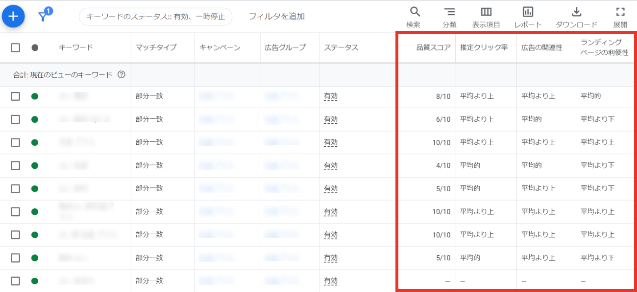 Google広告、品質スコアのキャプチャ