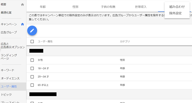 Google広告のユーザー属性の除外設定の画面