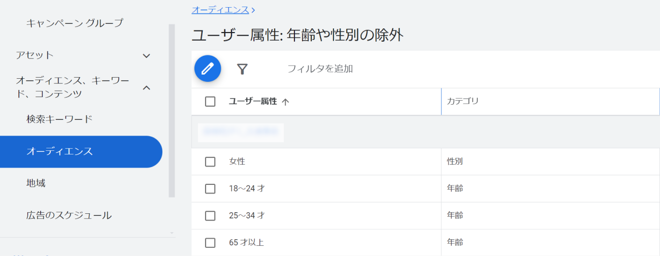 Google広告、年齢や性別除外のキャプチャ