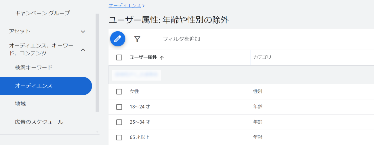 Google広告のユーザー属性の除外設定の画面