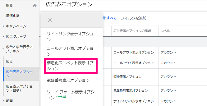 Google広告の構造化スニペット表示オプション設定方法①