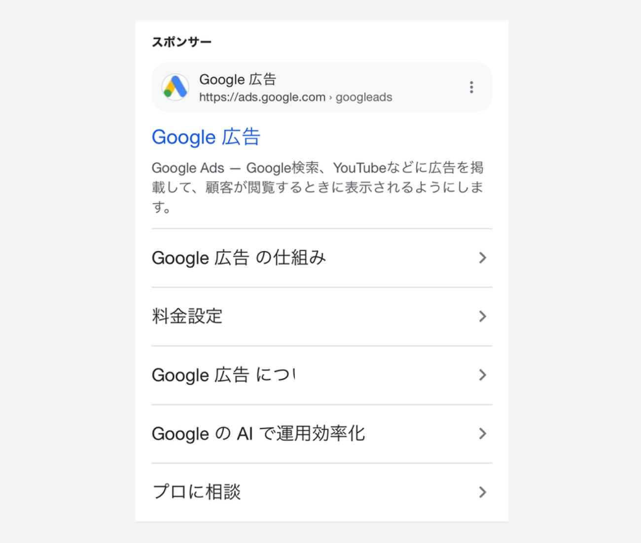Google広告、リスティング広告のスマホ表示のキャプチャ